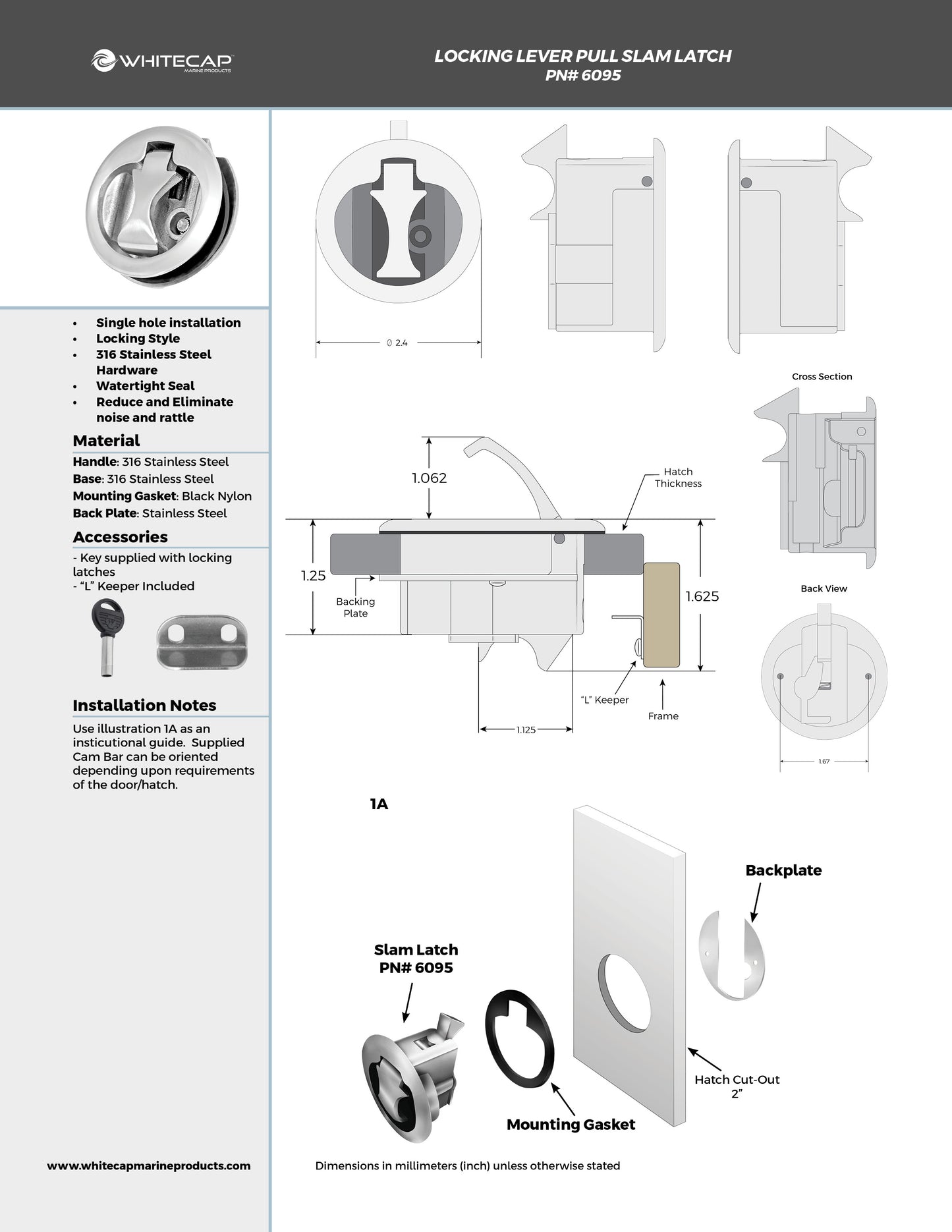 2" 316 Stainless Steel Locking Lever Pull Slam Latch