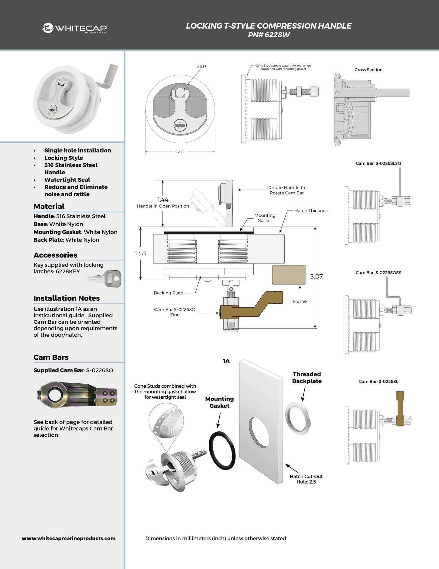White Nylon & 316 Stainless Steel T-Style Compression Handle - Locking