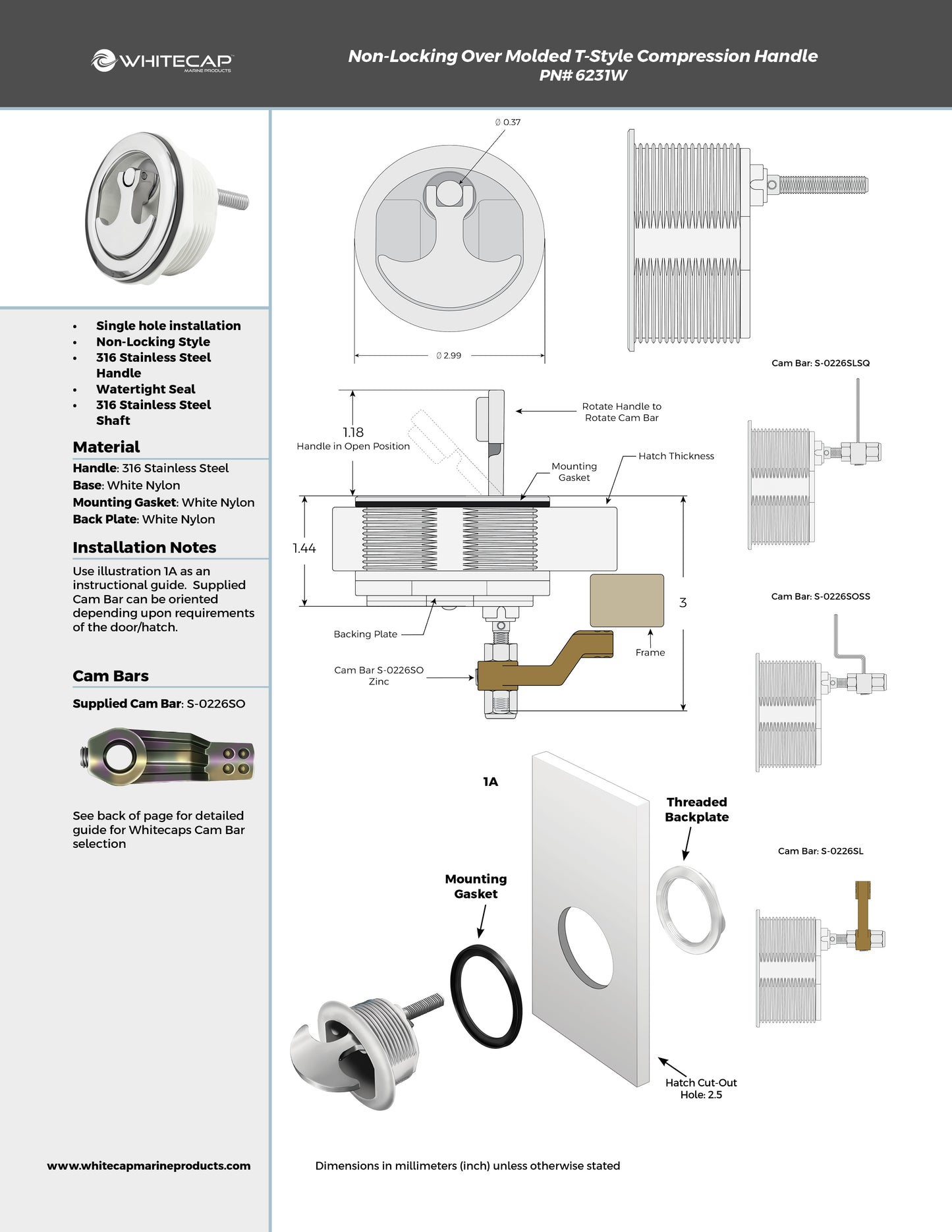 White Nylon & Stainless Steel Over Molded T-Style Compression Handle Non Locking
