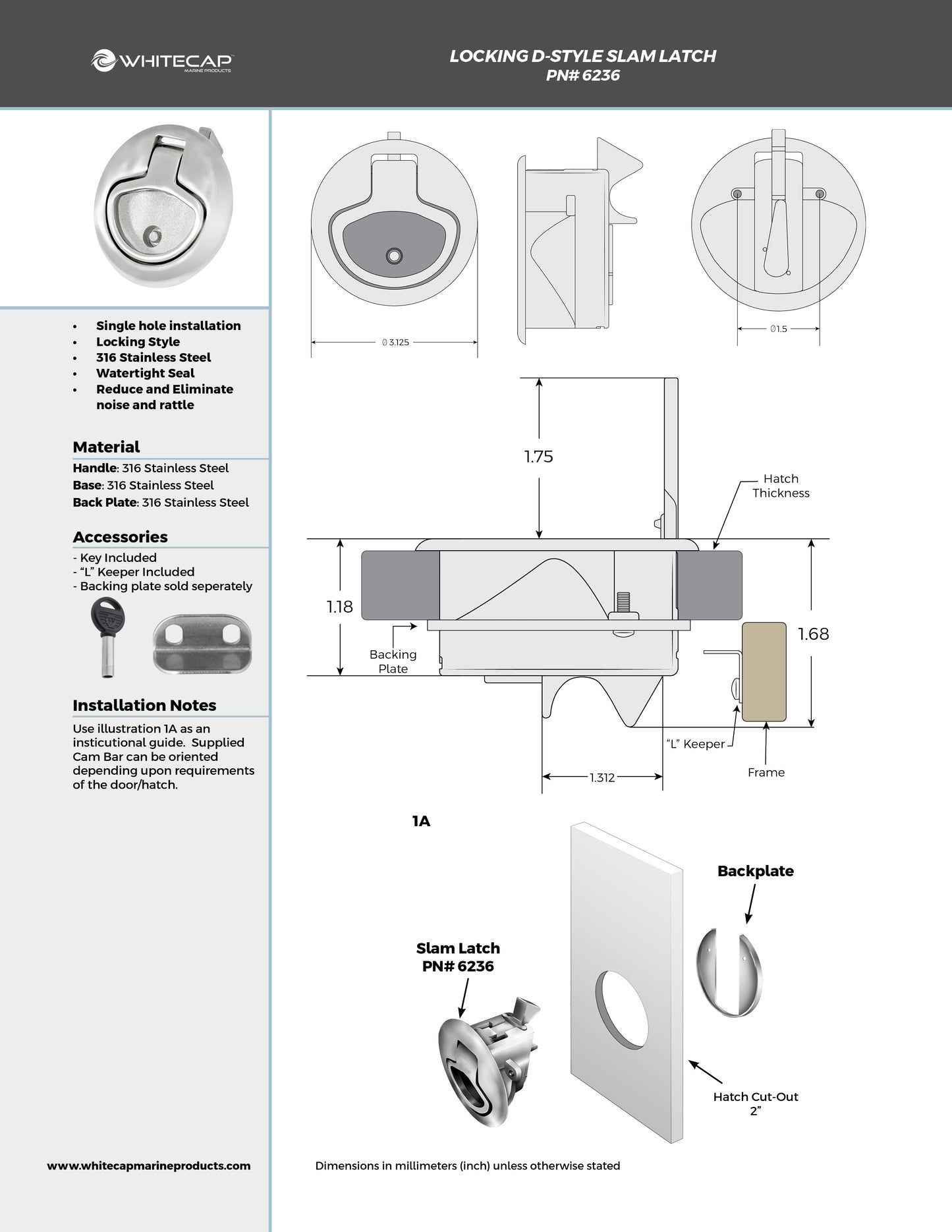 2-5/8" 316 Stainless Steel Locking D-Style Slam Latch