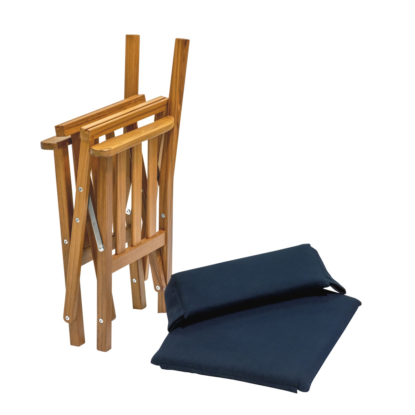 Premium Grade Teak Folding Director's Chair II with Navy Sunbrella® Fabric Seat Cushions