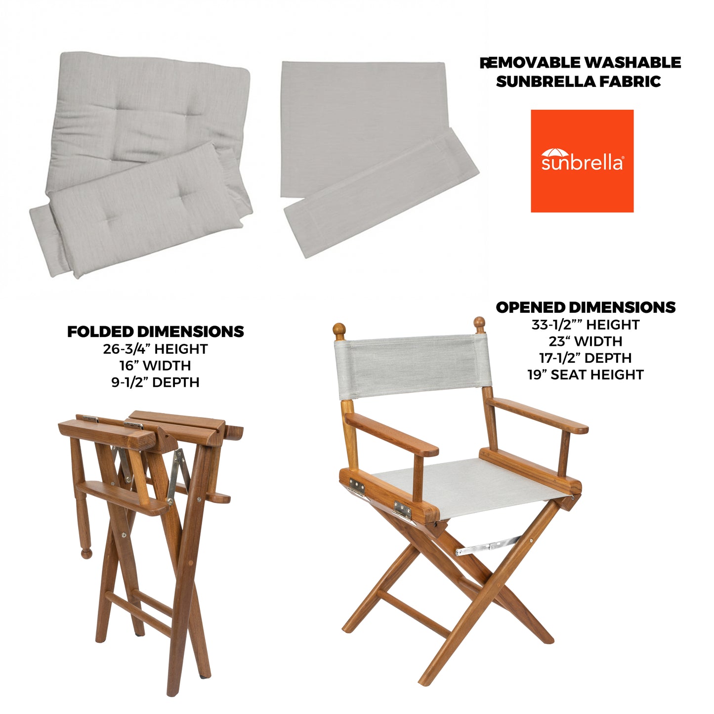 Premium Grade Teak Folding Newport Directors Chair with Grey Sunbrella® Fabric Seat Slings