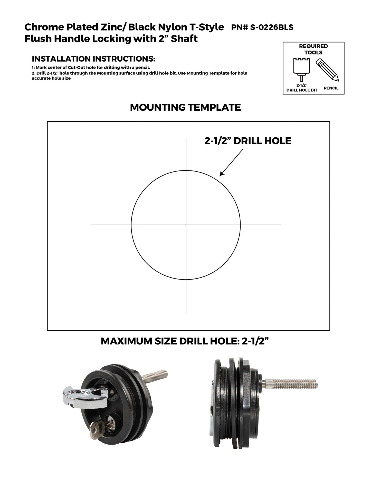 Locking 2" Long Shafted Chrome Plated Zinc Black Nylon T-Style Non-Compression Handle