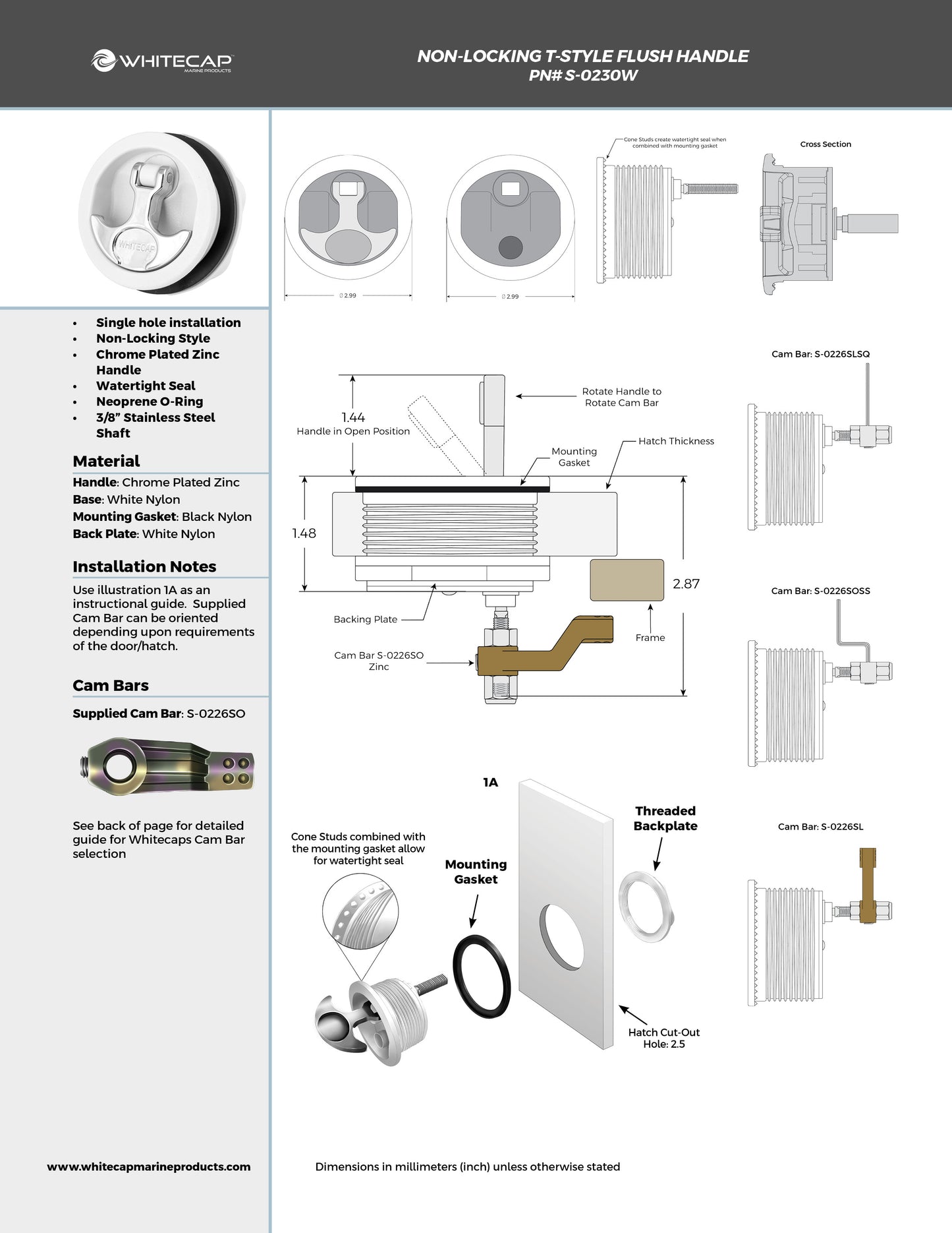 Non-Locking Chrome Plated Zinc White Nylon T-Style Non-Compression Handle