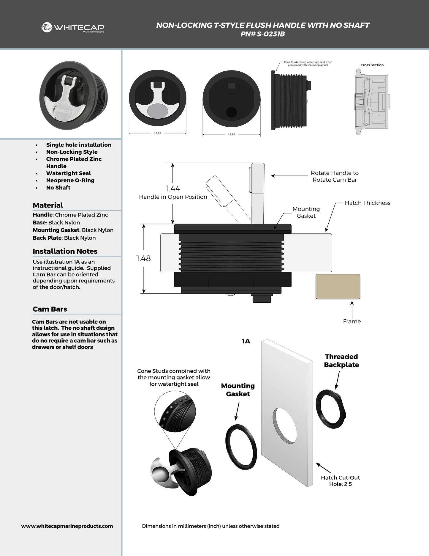 Non-Locking No Shaft Chrome Plated Zinc Black Nylon T-Style Non-Compression Handle