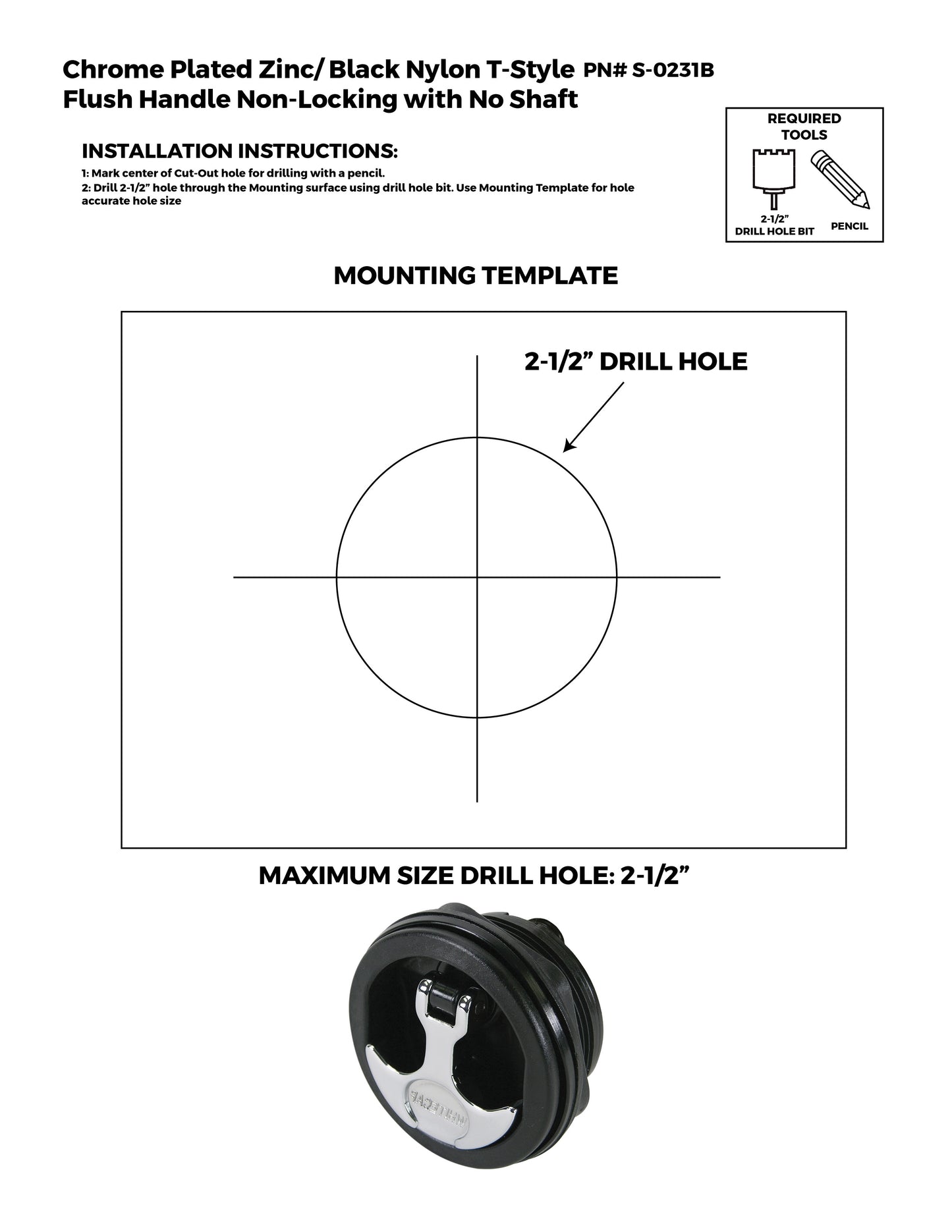 Non-Locking No Shaft Chrome Plated Zinc Black Nylon T-Style Non-Compression Handle