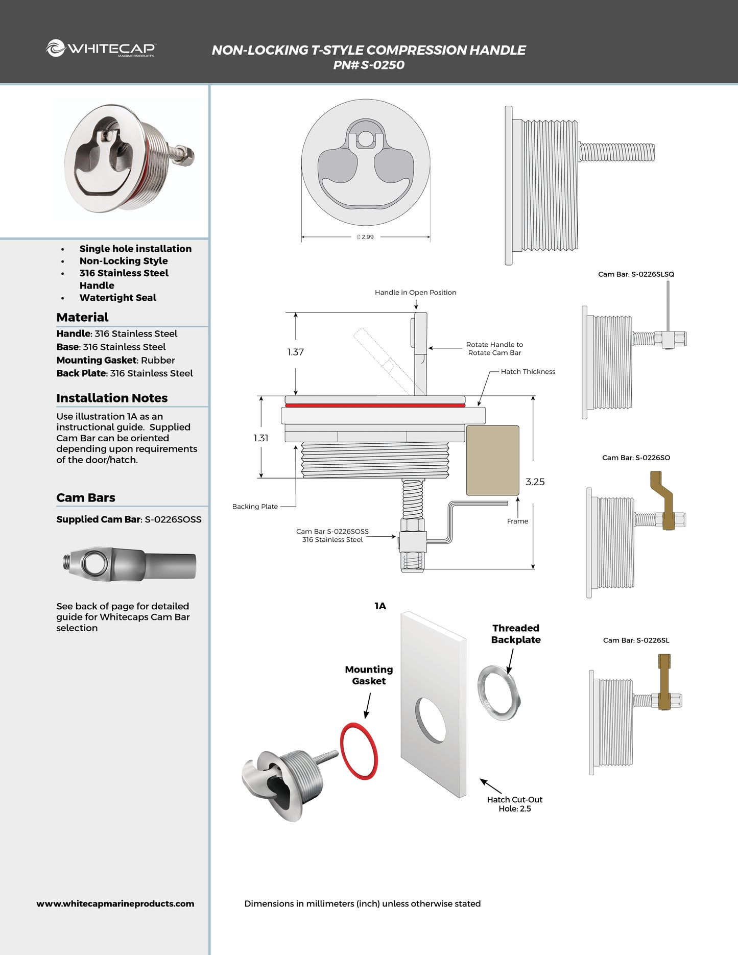 316 Stainless Steel Non-Locking Compression Handle T-Style