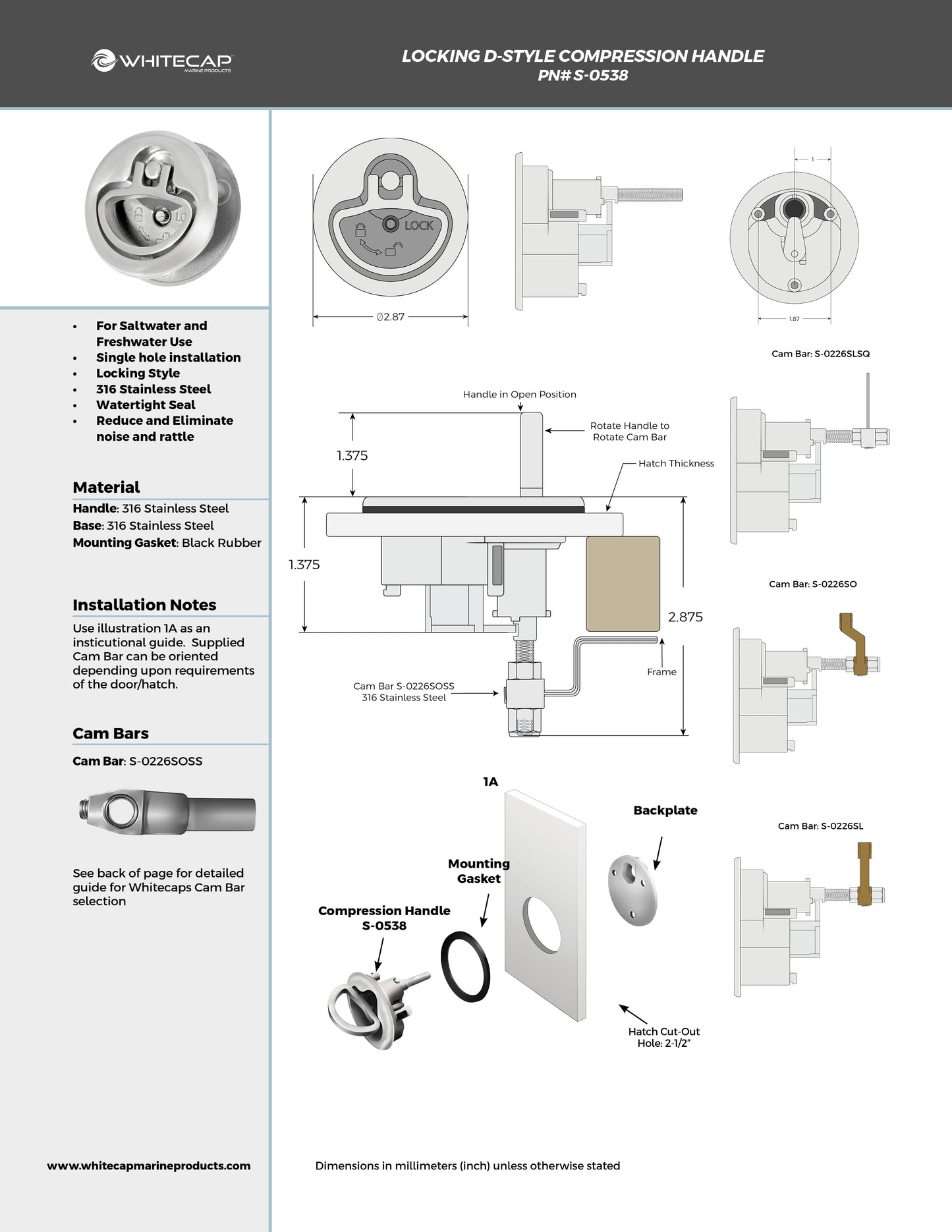 3" 316 Stainless Steel Locking Compression Handle with 1/2" -7/8" Surface Depth