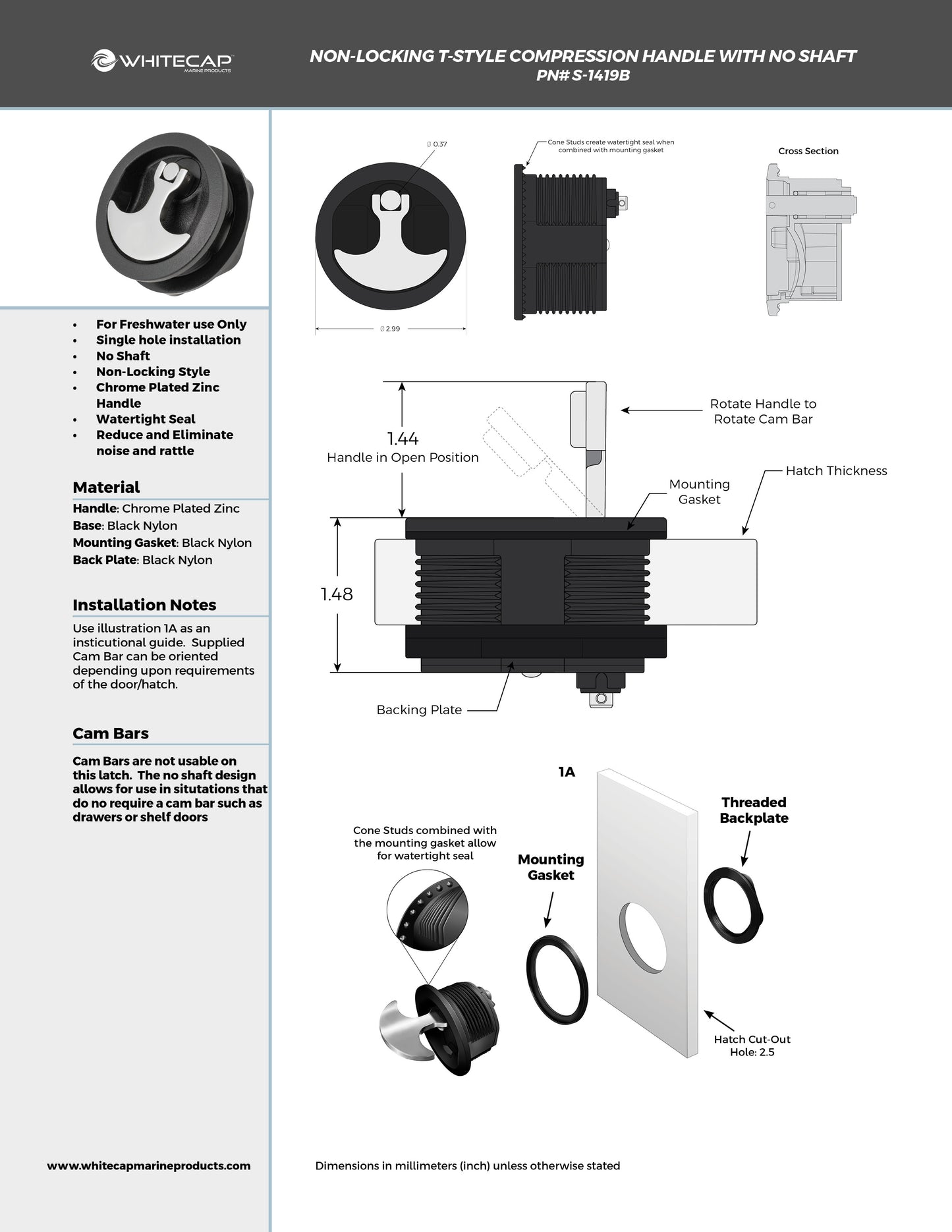 Black Nylon & Chrome Plated Zinc T-Style Compression Handle with No Shaft - Non-Locking
