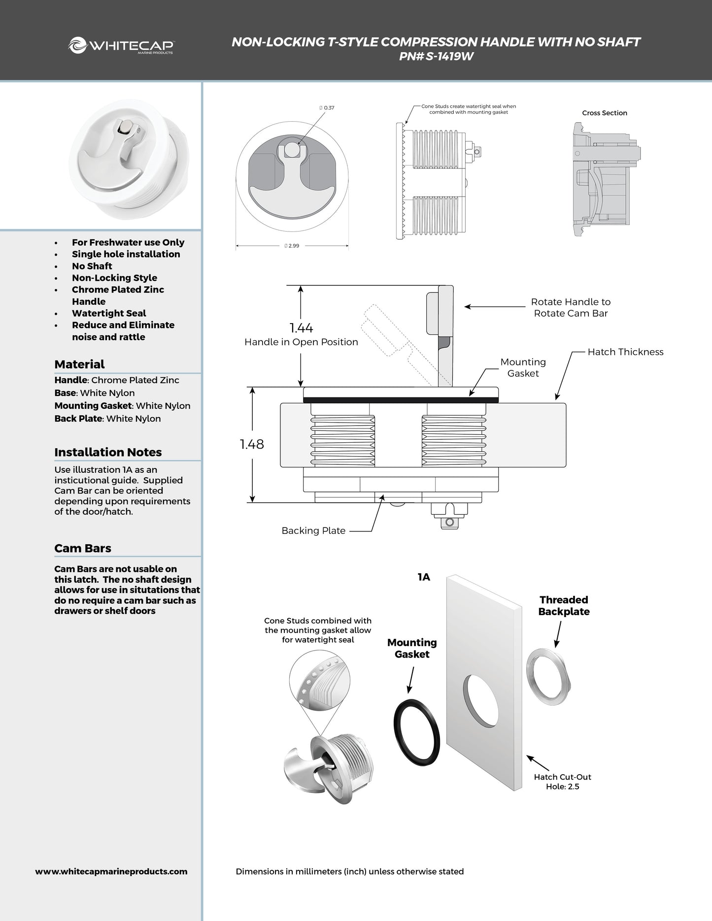 Chrome Plate Zinc/ White Nylon T-Style Compression Handle with No Shaft- Non-Locking