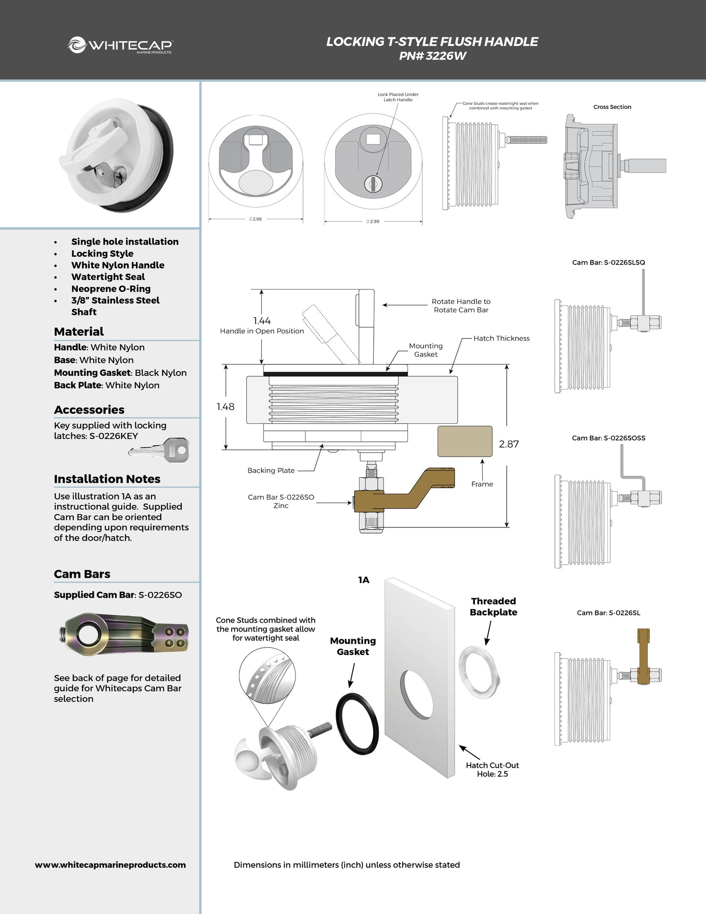 3" White Nylon Locking T-Style Non-Compression Handle