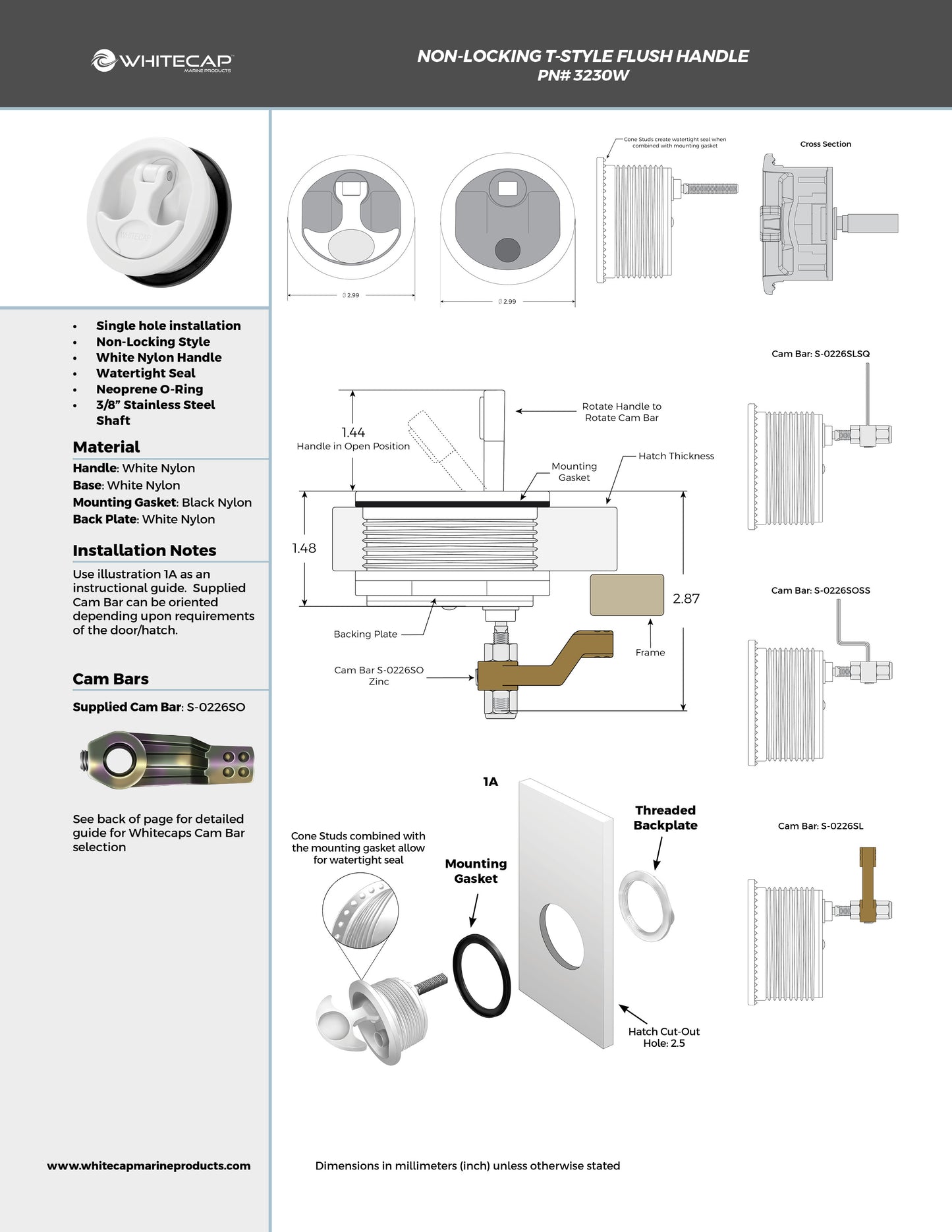 Non-Locking White Nylon T-Style Non-Compression Handle