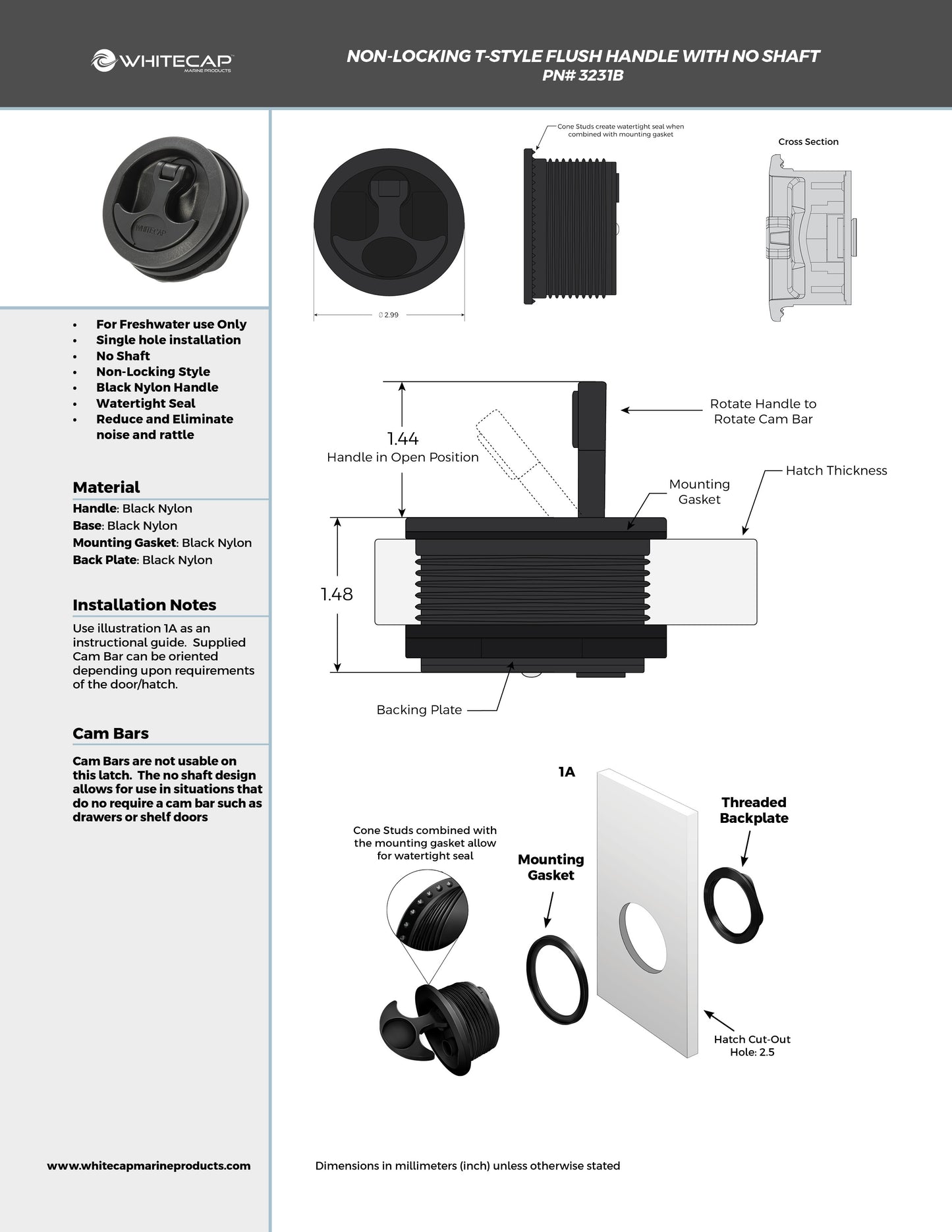 Non-Locking No Shaft Black Nylon T-Style Non-Compression Handle