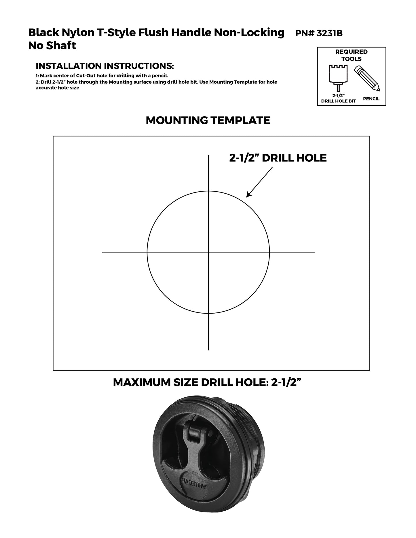 Non-Locking No Shaft Black Nylon T-Style Non-Compression Handle