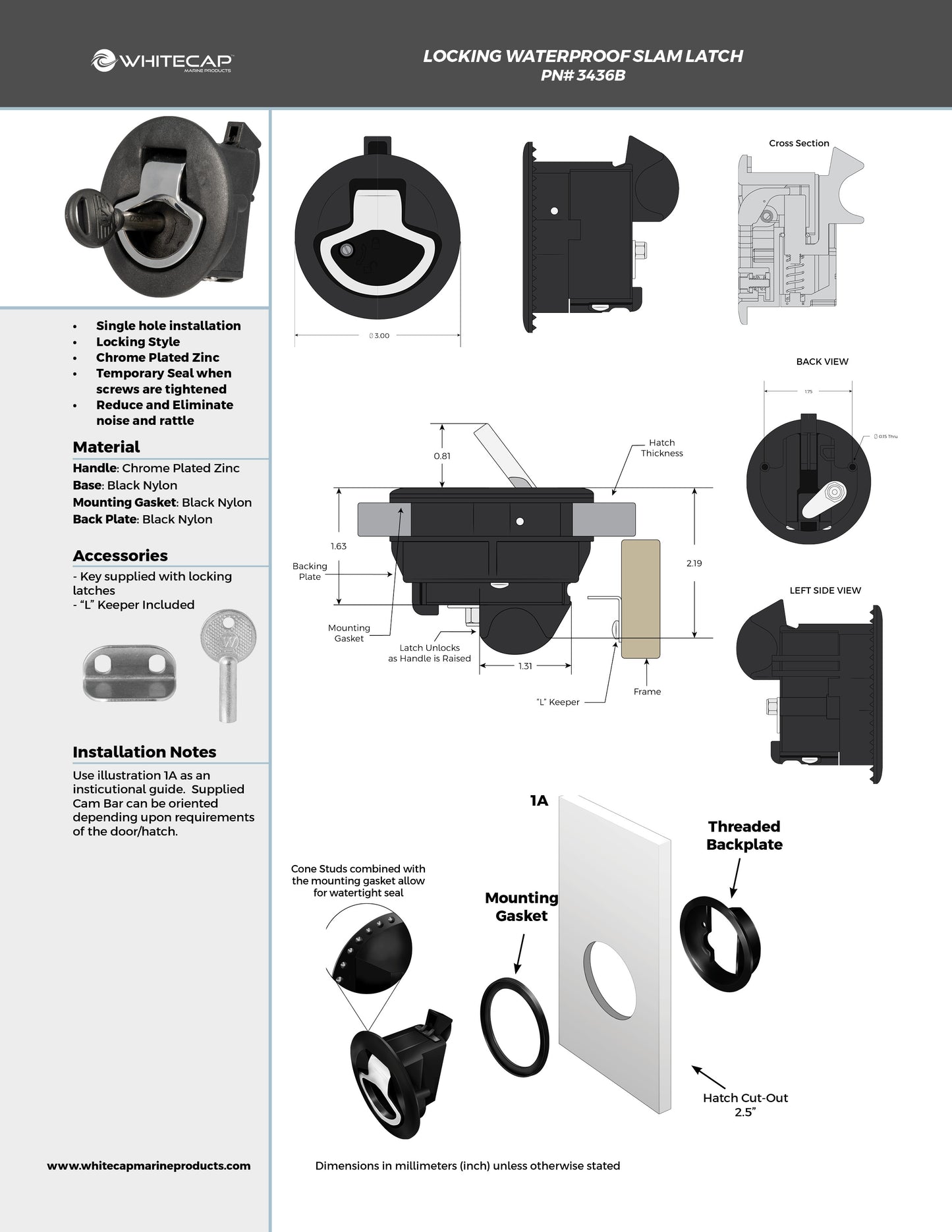 Waterproof Nylon/Chrome Zinc Slam Latch - Locking
