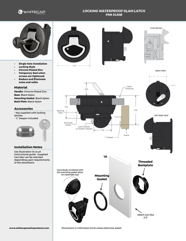 3" Waterproof Black Nylon Chrome Zinc Slam Latch - Locking