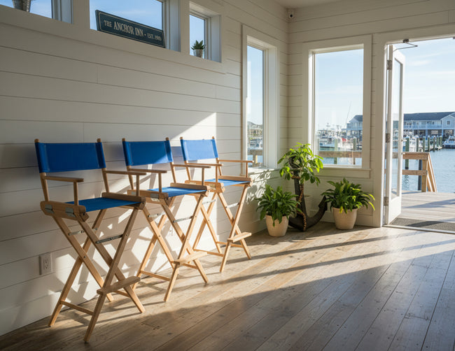 Premium Grade Teak Folding Captains Chair with Pacific Blue Sunbrella® Fabric Seat Slings
