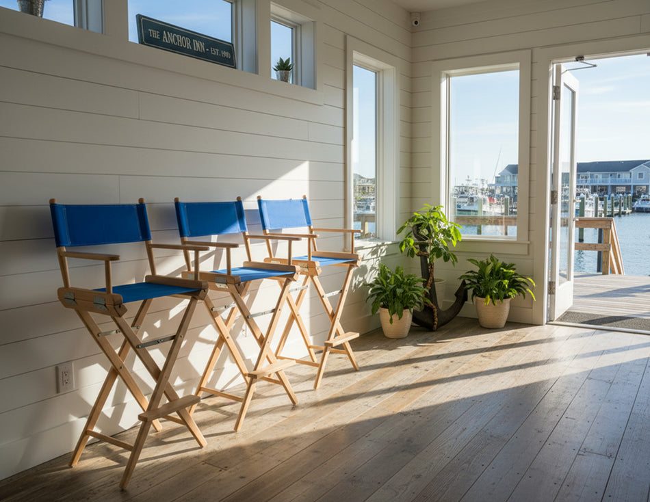 Premium Grade Teak Folding Captains Chair with Pacific Blue Sunbrella® Fabric Seat Slings