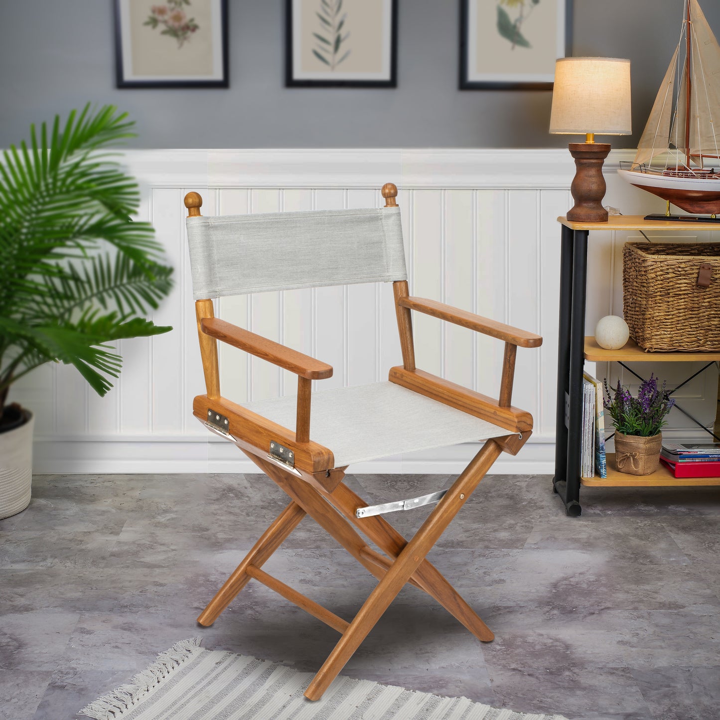 Premium Grade Teak Folding Newport Directors Chair with Grey Sunbrella® Fabric Seat Slings