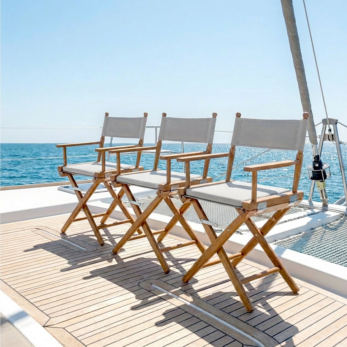 Premium Grade Teak Folding Newport Directors Chair with Grey Sunbrella® Fabric Seat Slings