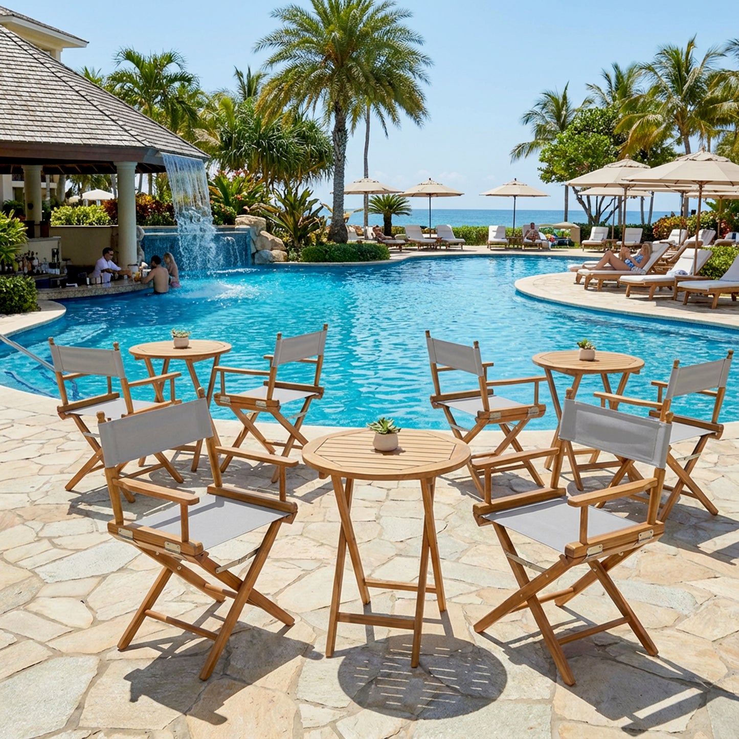 Premium Grade Teak Folding Newport Directors Chair with Grey Sunbrella® Fabric Seat Slings