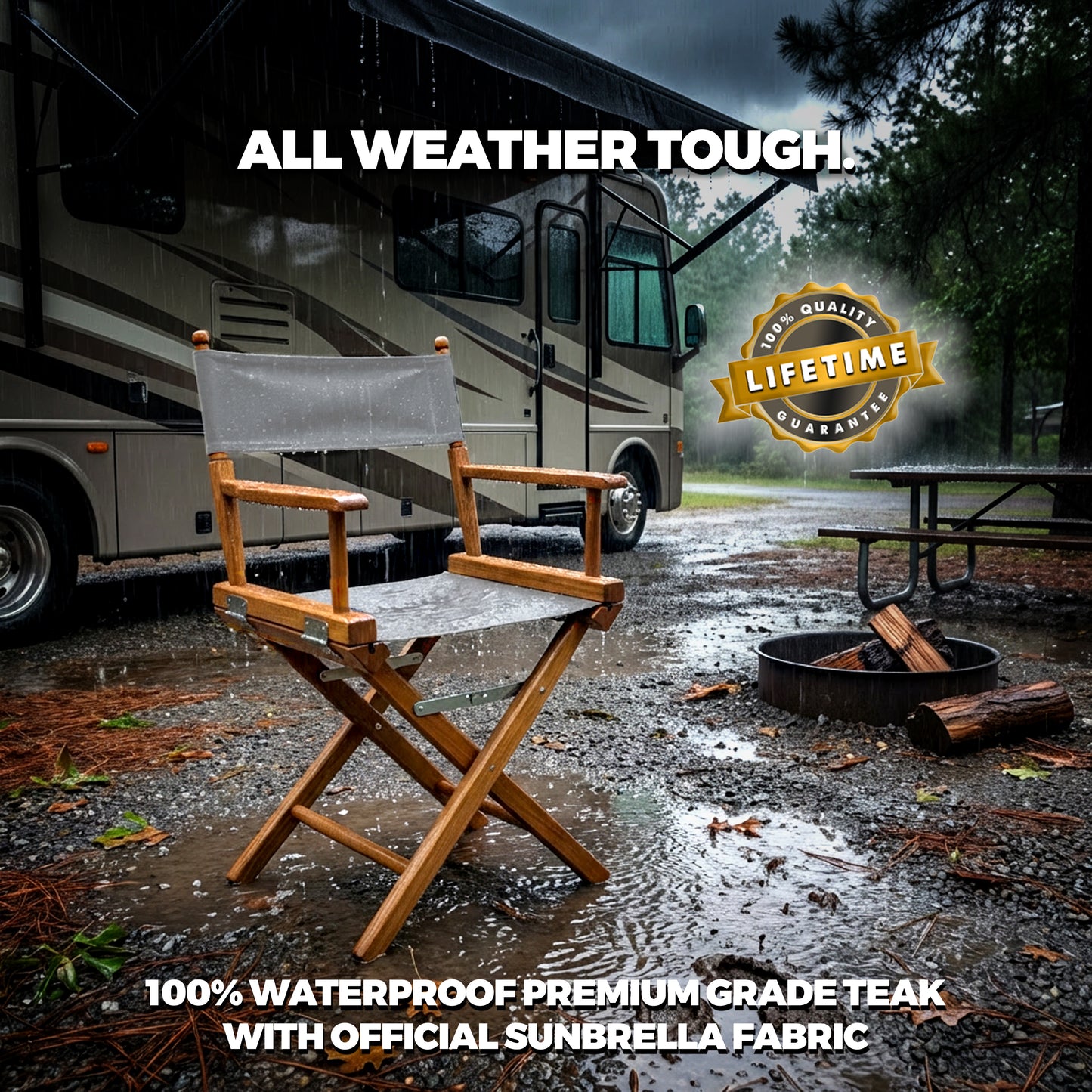Premium Grade Teak Folding Newport Directors Chair with Grey Sunbrella® Fabric Seat Slings