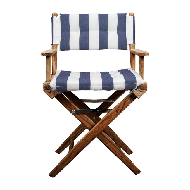 Oiled Finish Director's Chair with Navy/White Cushions