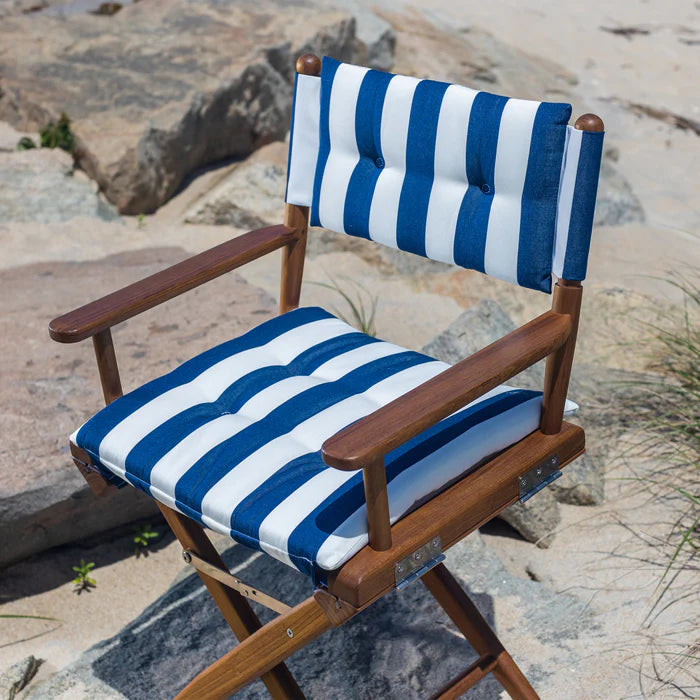 Oiled Finish Director's Chair with Navy/White Padded Cushions