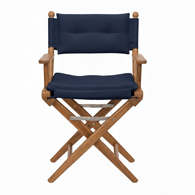 Premium Grade Teak Folding Director's Chair with Navy Sunbrella® Fabric Seat Cushions