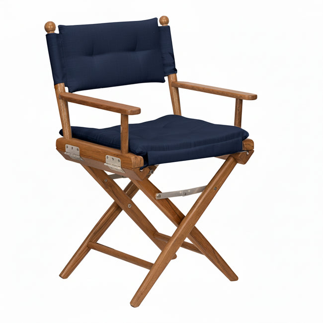 Premium Grade Teak Folding Director's Chair with Navy Sunbrella® Fabric Seat Cushions