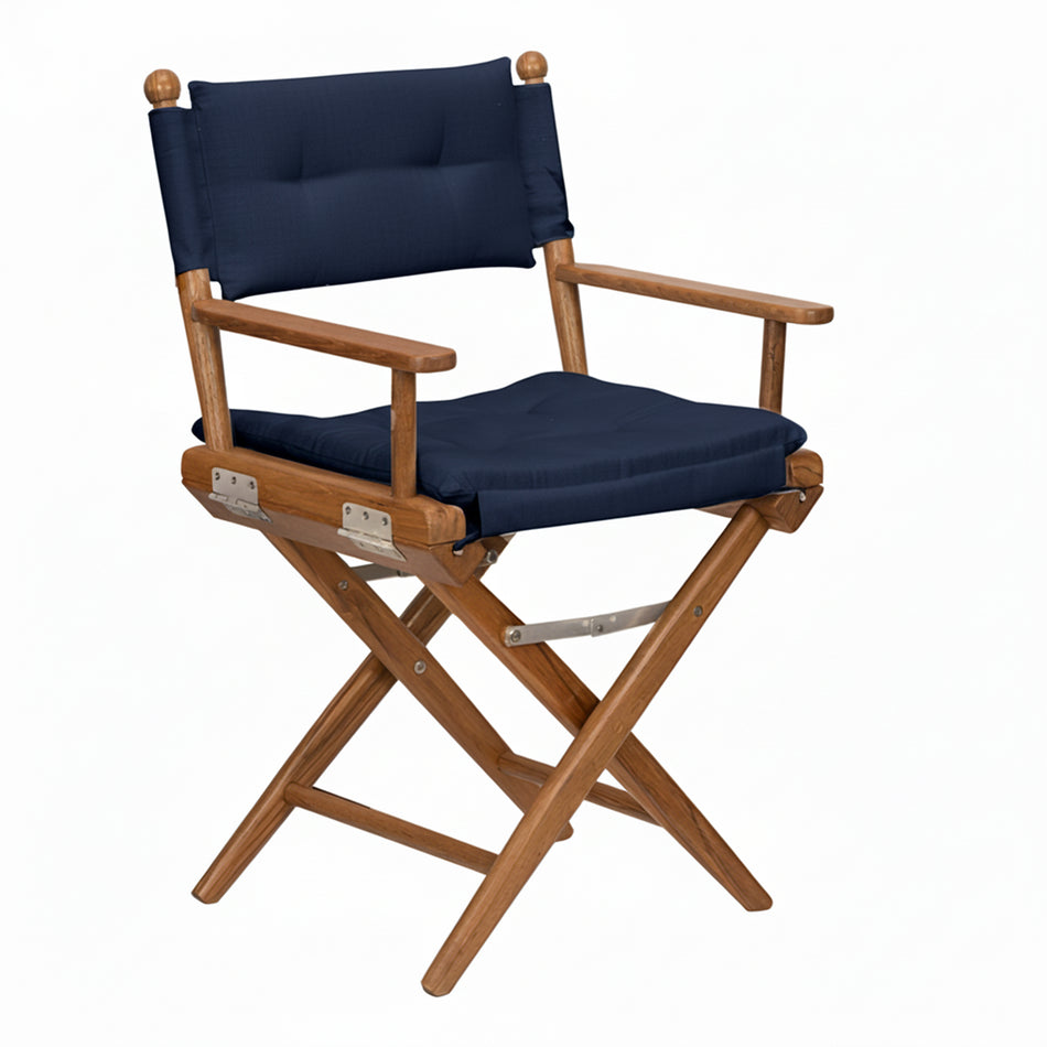 Premium Grade Teak Folding Director's Chair with Navy Sunbrella® Fabric Seat Cushions
