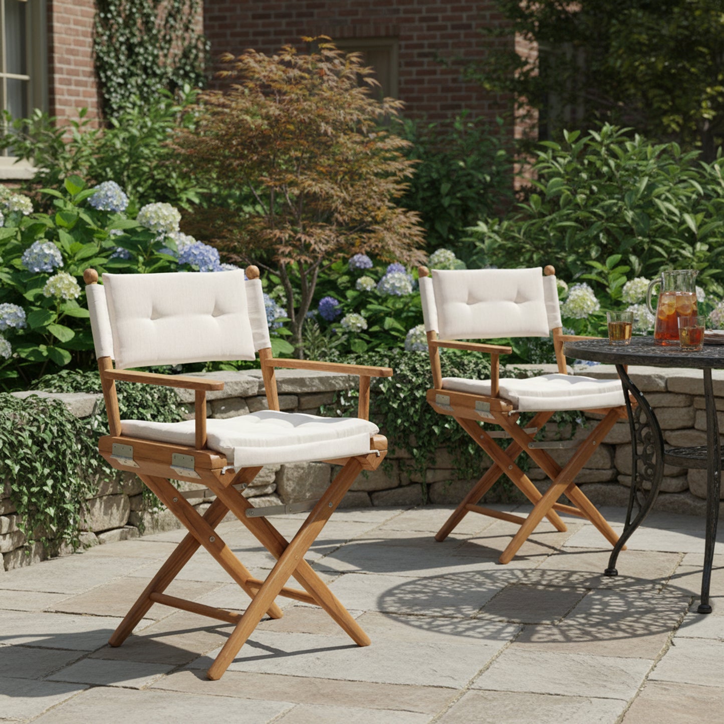 Premium Grade Teak Newport Folding Director's Chair with Oyster Sunbrella® Fabric Seat Cushions