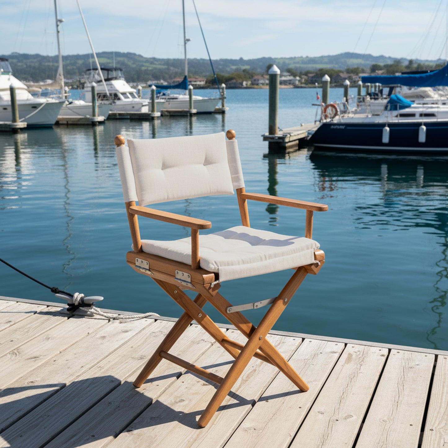 Premium Grade Teak Newport Folding Director's Chair with Oyster Sunbrella® Fabric Seat Cushions
