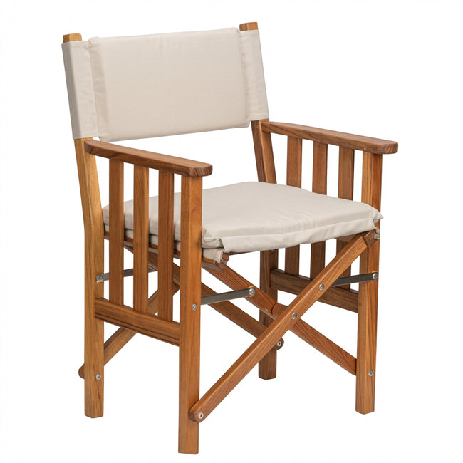 Premium Grade Teak Folding Director's Chair II with Oyster Sunbrella® Fabric Seat Cushions