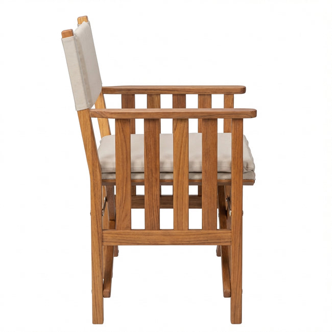Premium Grade Teak Folding Director's Chair II with Oyster Sunbrella® Fabric Seat Cushions