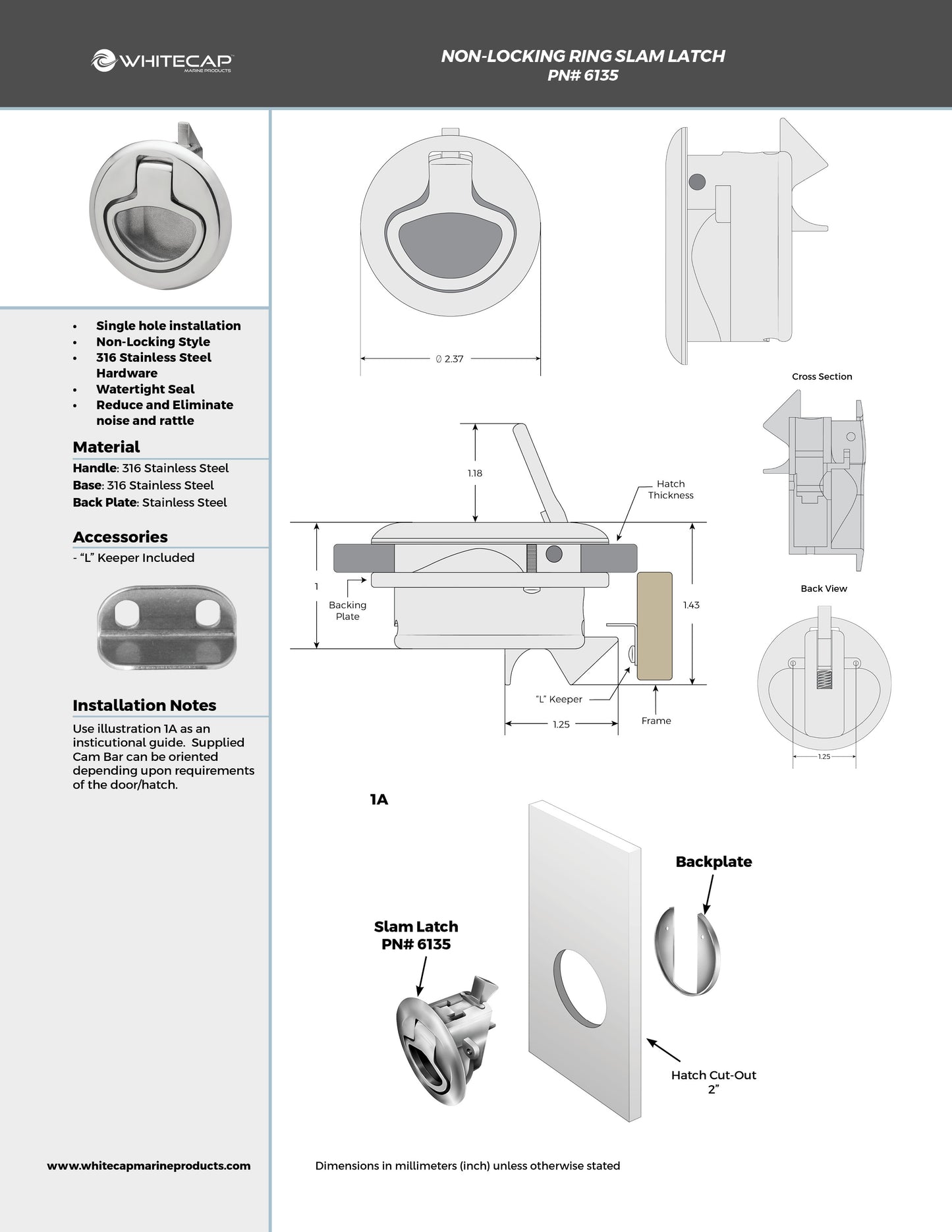 2" 316 Stainless Steel Non-Locking Ring Slam Latch