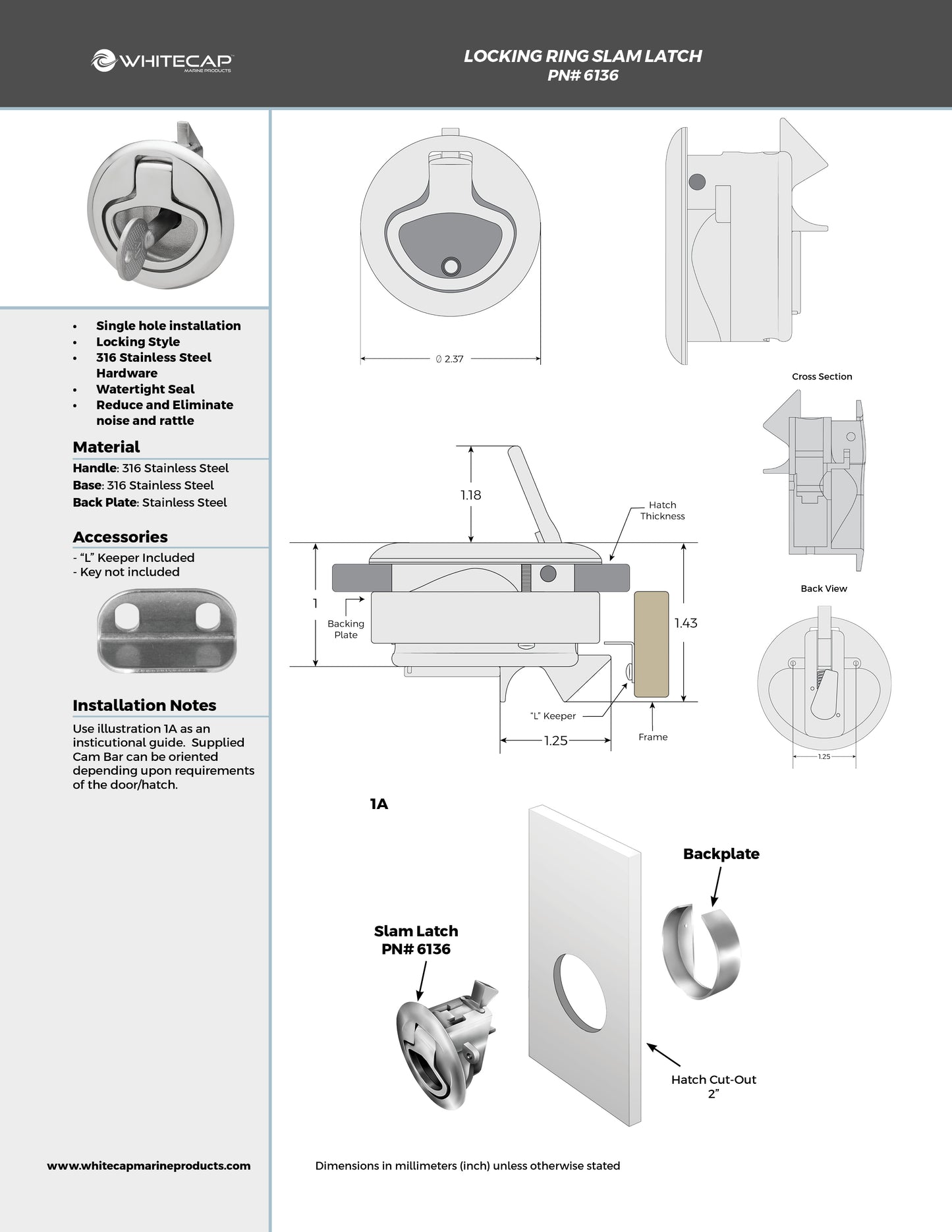 2" 316 Stainless Steel Locking Ring Slam Latch