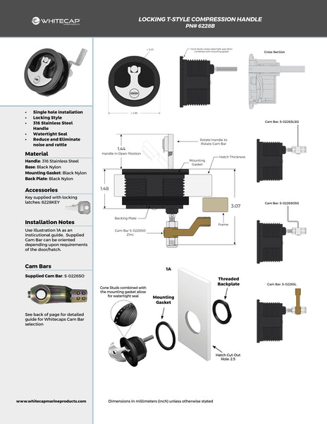 Black Nylon & 316 Stainless Steel T-Style Compression Handle - Locking