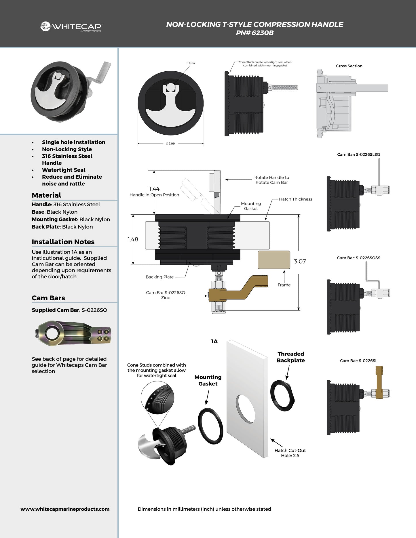 Black Nylon & 316 Stainless Steel T-Style Compression Handle - Non-Locking