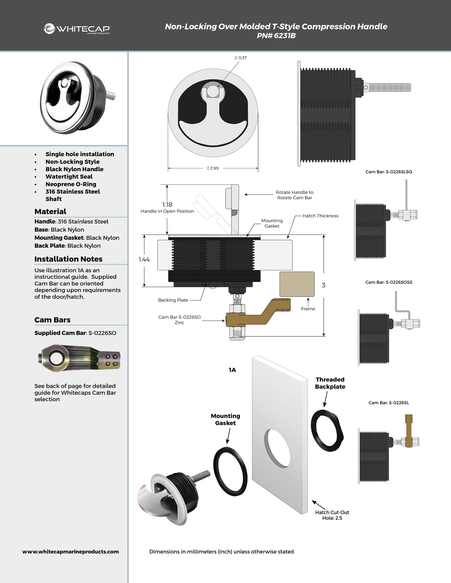 Black Nylon & Stainless Steel Over Molded T-Style Compression Handle Non Locking