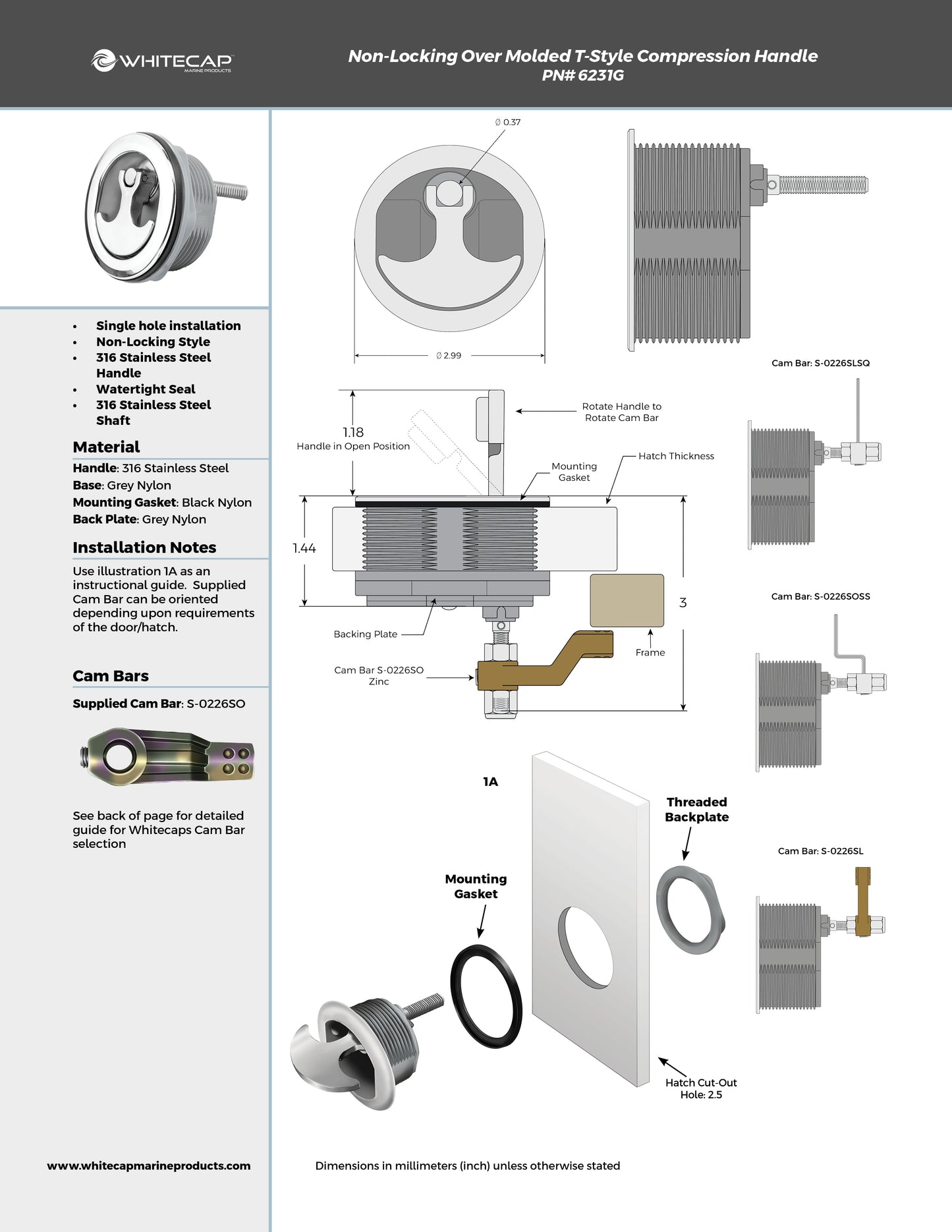Grey Nylon & Stainless Steel Over Molded T-Style Compression Handle Non Locking