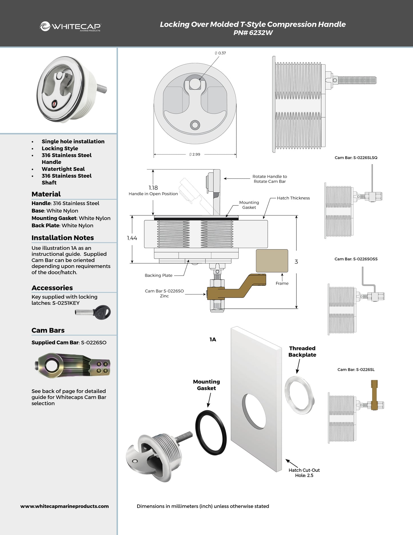 White Nylon & Stainless Steel Over Molded T-Style Compression Handle Locking