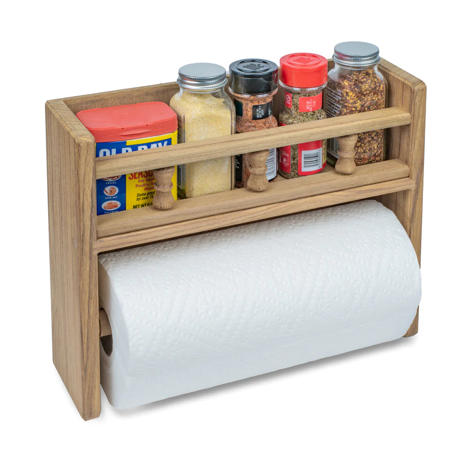 13-1/16" Premium Grade Teak Spice Rack with Paper Towel Holder