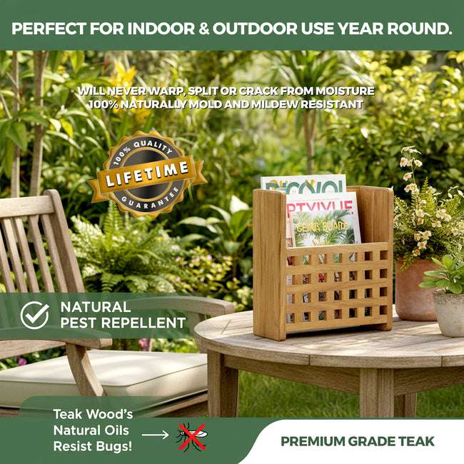 10-1/2" Premium Grade Teak Grate Front Magazine Rack