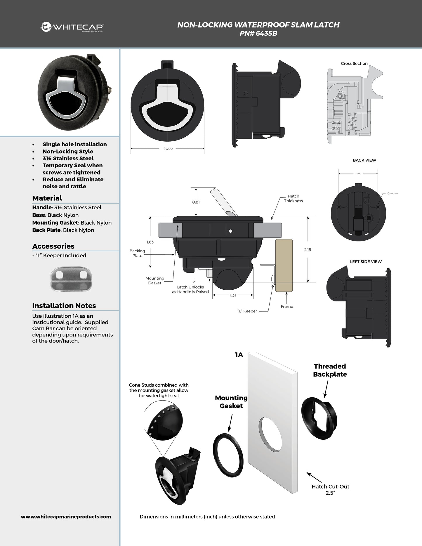 Waterproof Nylon/316 Stainless Steel Slam Latch - Non-Locking
