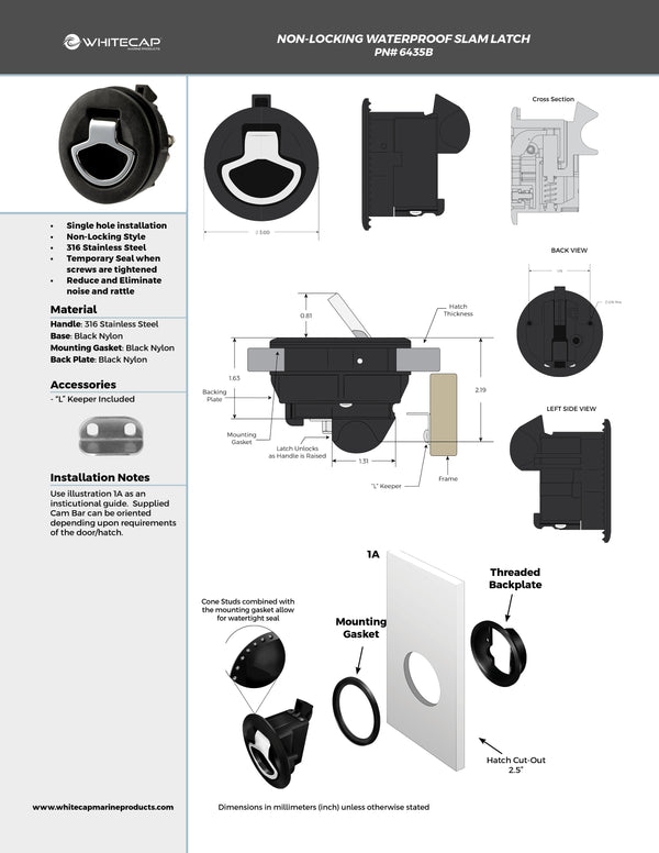 3" Waterproof Nylon 316 Stainless Steel Slam Latch - Non-Locking