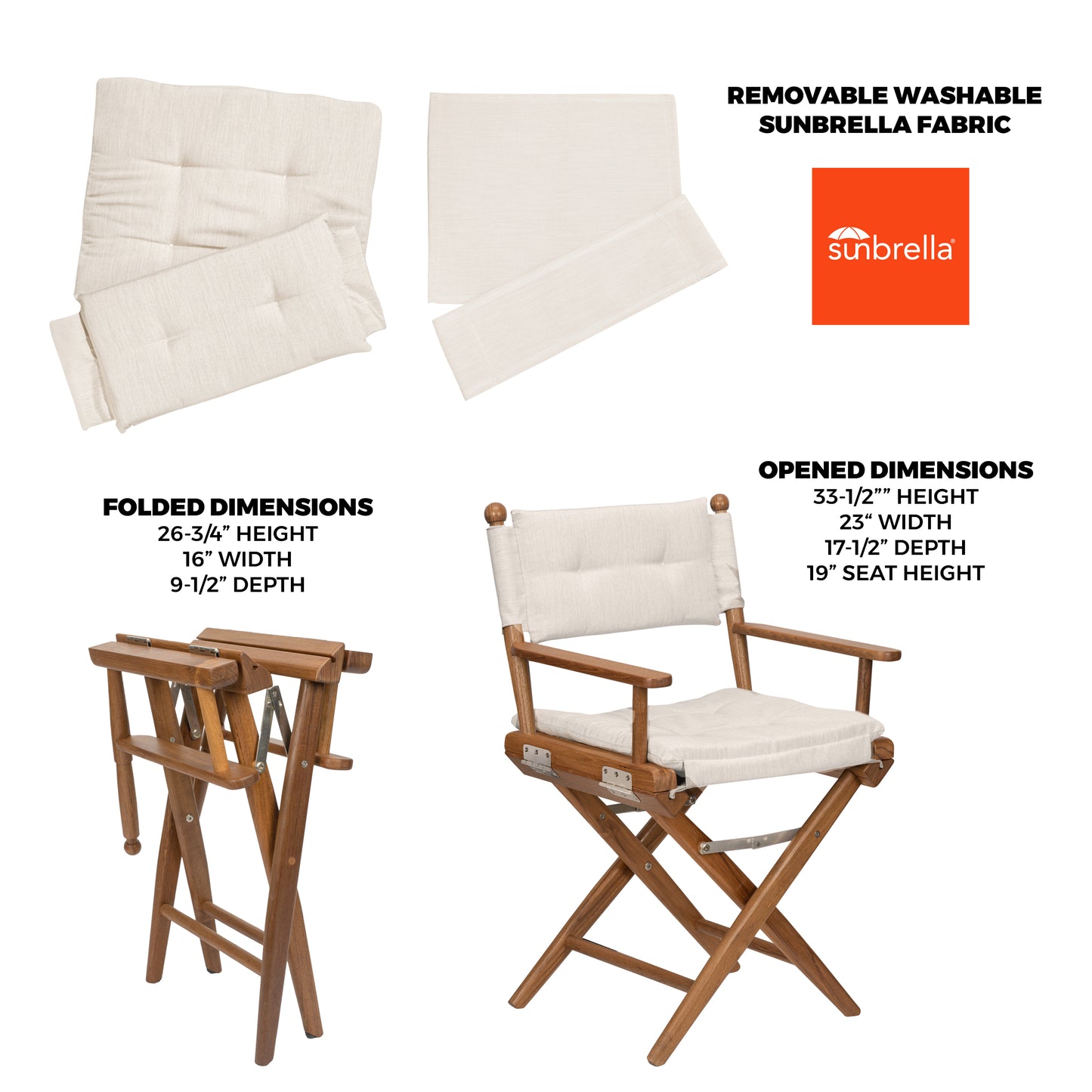 Premium Grade Teak Newport Folding Director's Chair with Oyster Sunbrella® Fabric Seat Cushions