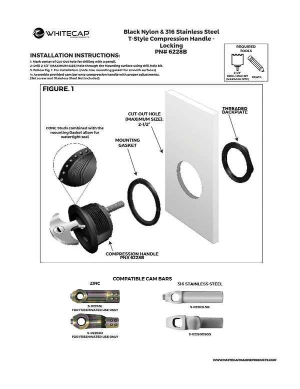 3" Black Nylon & Chrome Plated Zinc T-Style Compression Handle - Locking