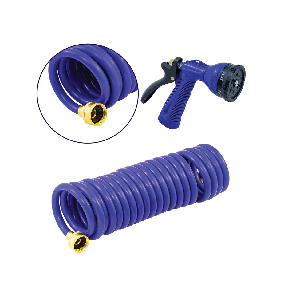 15' Blue Polyurethane Coiled Hose w/ Adjustable Nozzle