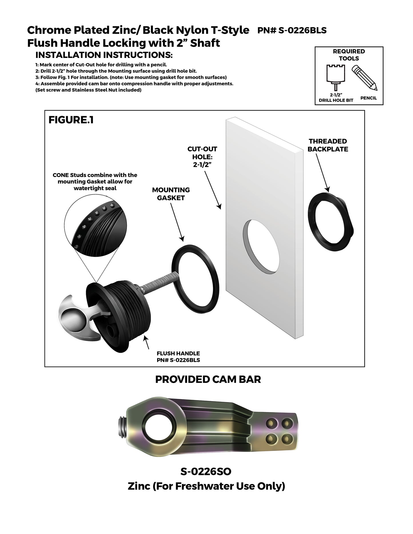 Locking 2" Long Shafted Chrome Plated Zinc Black Nylon T-Style Non-Compression Handle